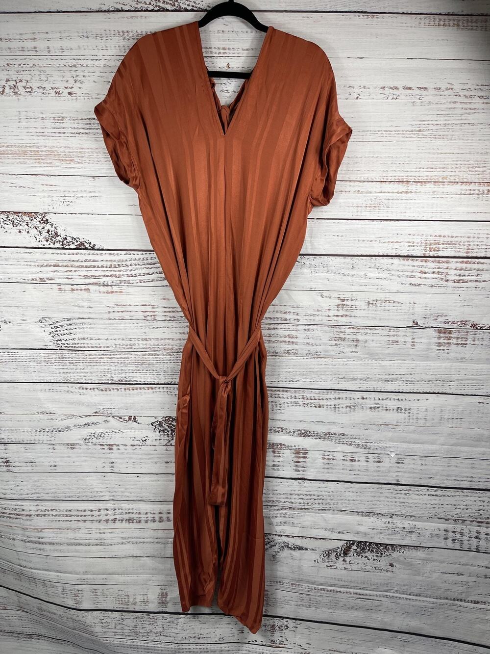 Tina Jo Jumpsuit Women's SZ S Brown V Neck Tie Waist Tapered Leg Belted New NWT
